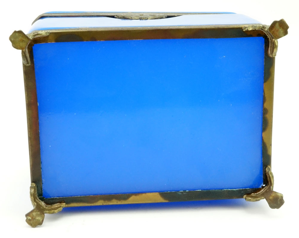 Large Antique Blue Opaline Glass Dresser Box. Brass hardware and footed.