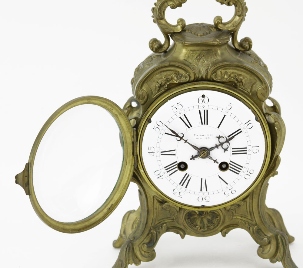 19/20th Century Tiffany & Co Rococo style Bronze Bracket Clock with Porcelain Dial.