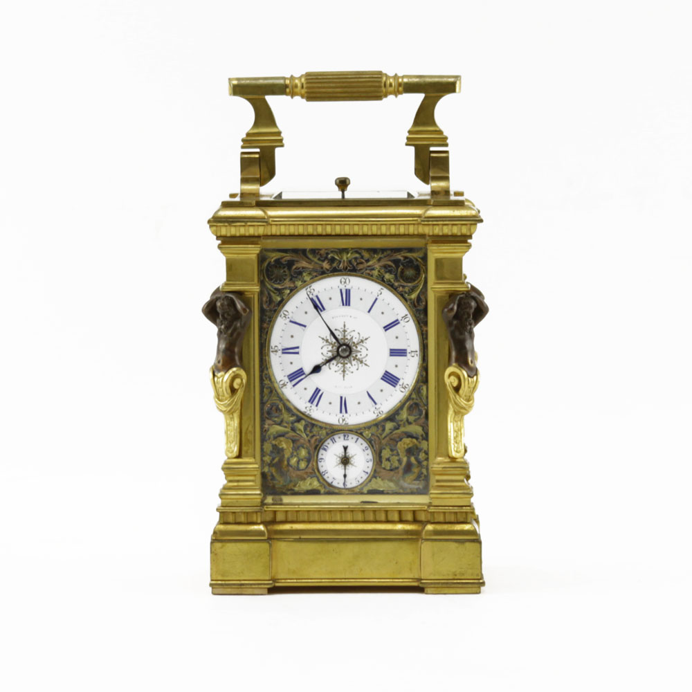 Rare Circa 1890 Tiffany & Co Gilt Brass Petite Sonnerie Striking and Repeating Carriage Clock, No. 1879. 