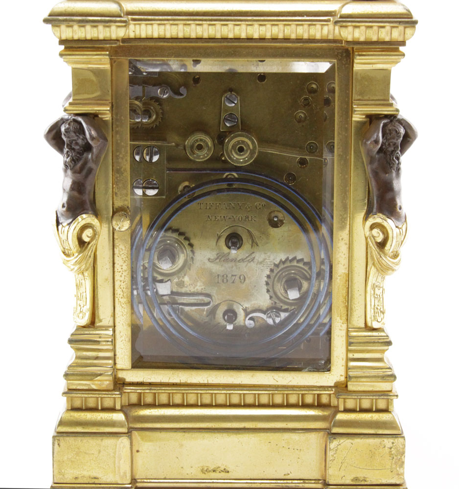 Rare Circa 1890 Tiffany & Co Gilt Brass Petite Sonnerie Striking and Repeating Carriage Clock, No. 1879. 