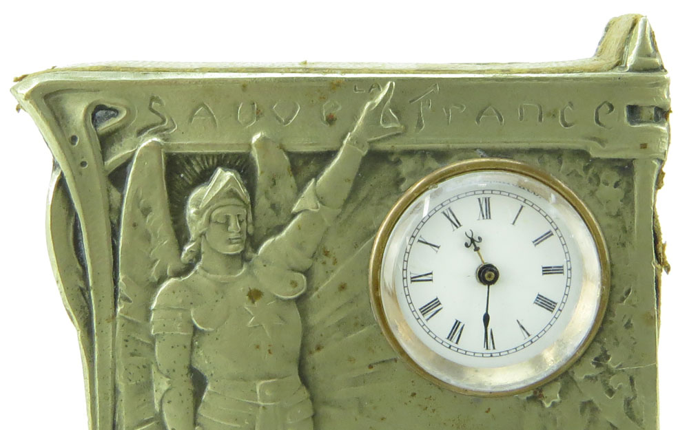 Circa 1900 Swiss Huguenin Brothers Art Nouveau Silver Jeanne D'arc Easel Clock.