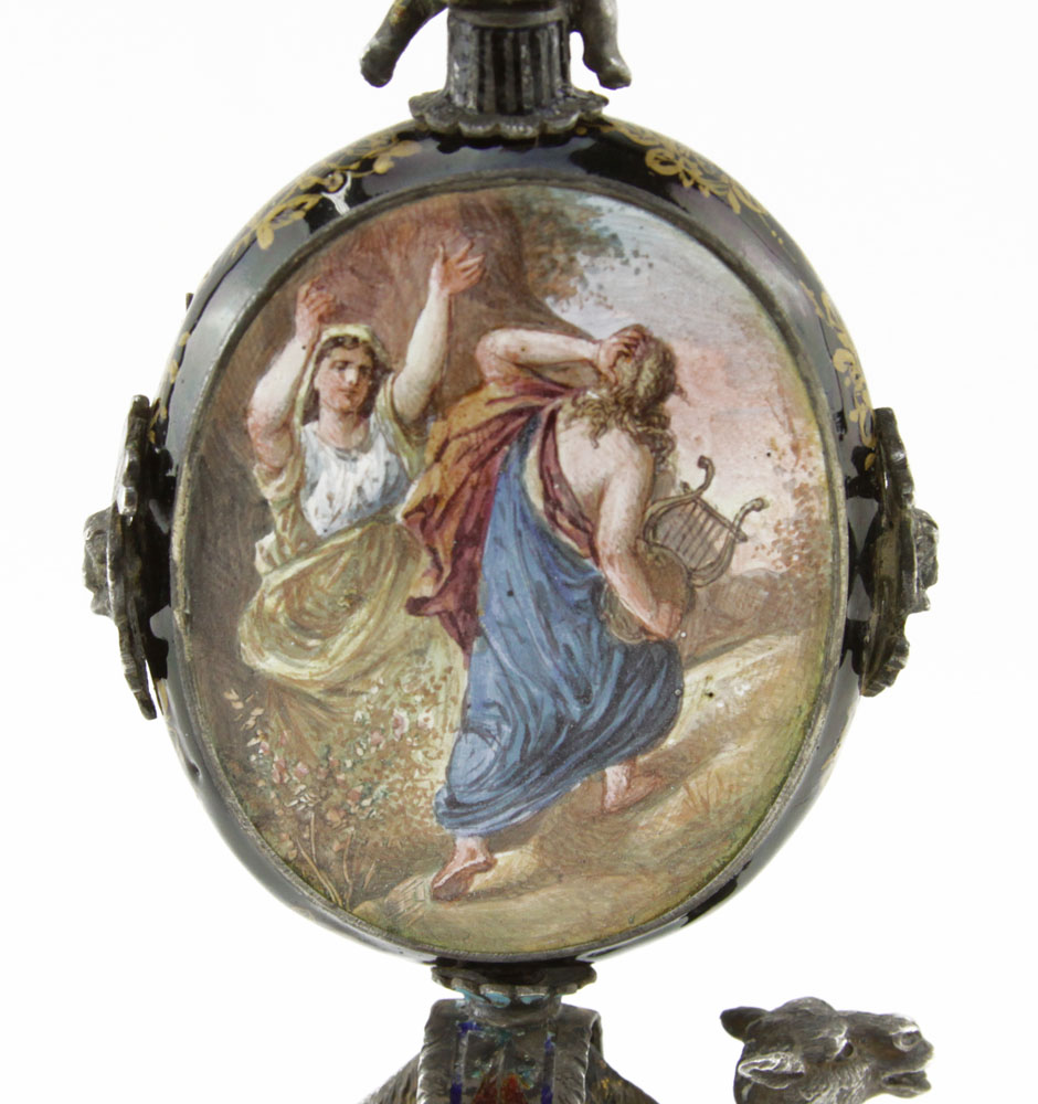 19/20th Century Viennese Enamel and Silver Clock with Figural Camel, Putto Finial and Scenes from Mythology.