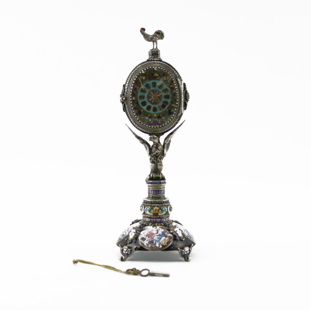 19/20th Century Viennese Enamel and Silver Clock with Figural Eagle, Rooster Finial and Scenes from Mythology.