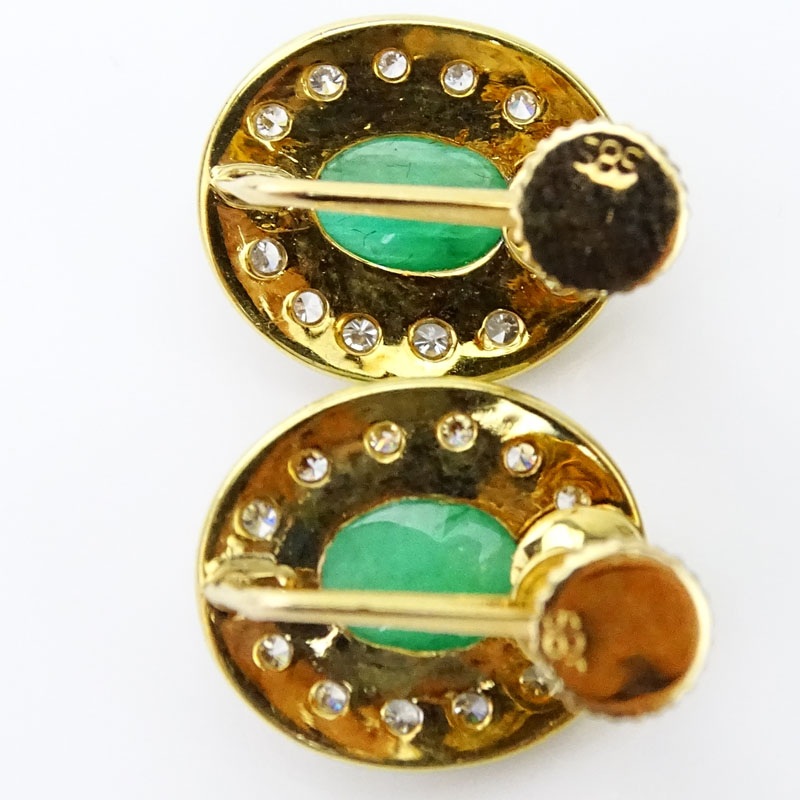 Vintage Cabochon Emerald, Round Brilliant Cut Diamond and 14 Karat Yellow Gold Earrings.