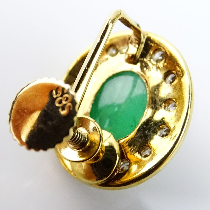 Vintage Cabochon Emerald, Round Brilliant Cut Diamond and 14 Karat Yellow Gold Earrings.