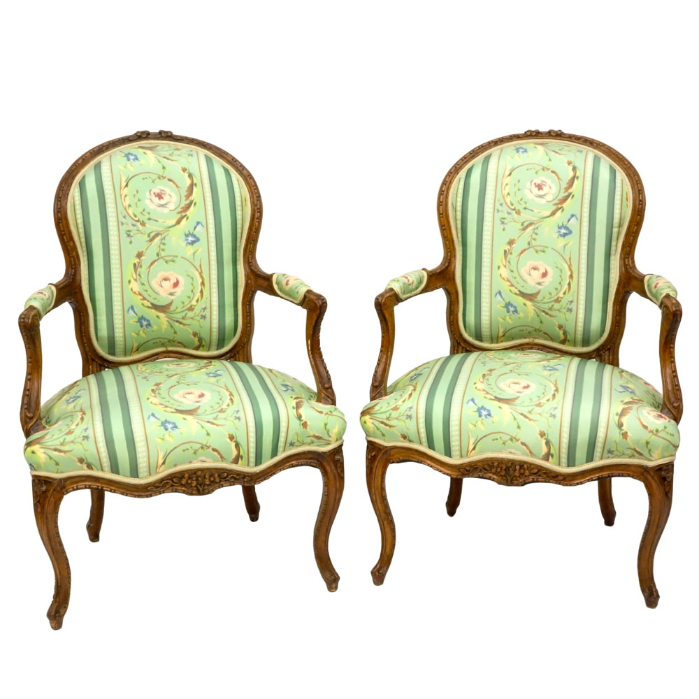 Pair of Late 18/19th Century Louis XV Carved Beechwood Upholstered Cabriolet Fauteuils.