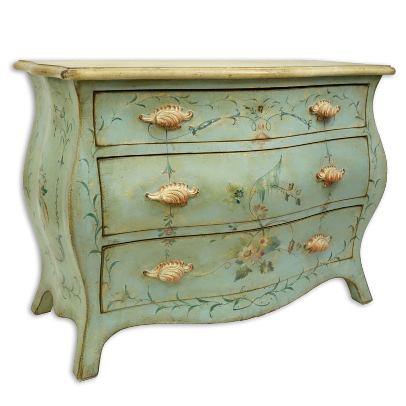 20th Century Italian Venetian Style three Drawer Painted Bombe Chest.