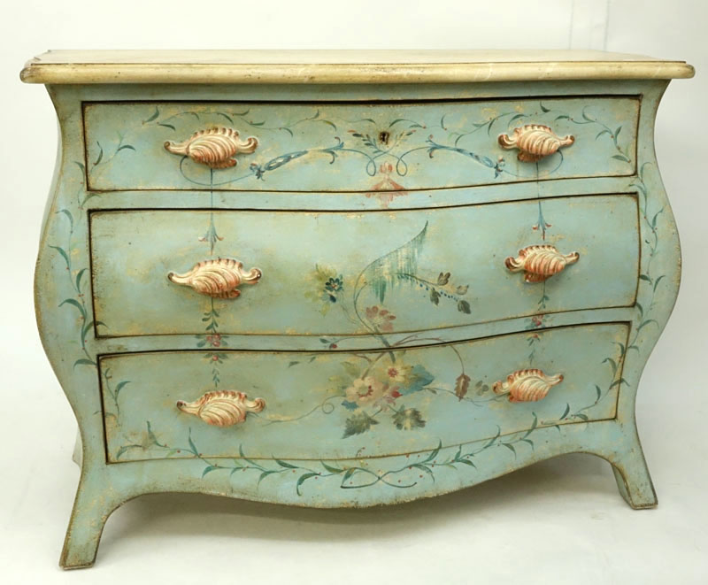 20th Century Italian Venetian Style three Drawer Painted Bombe Chest.