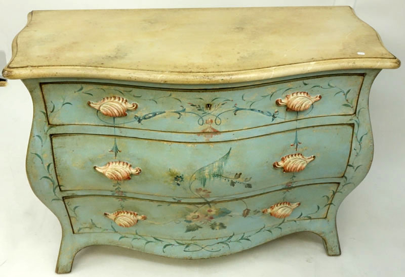 20th Century Italian Venetian Style three Drawer Painted Bombe Chest.