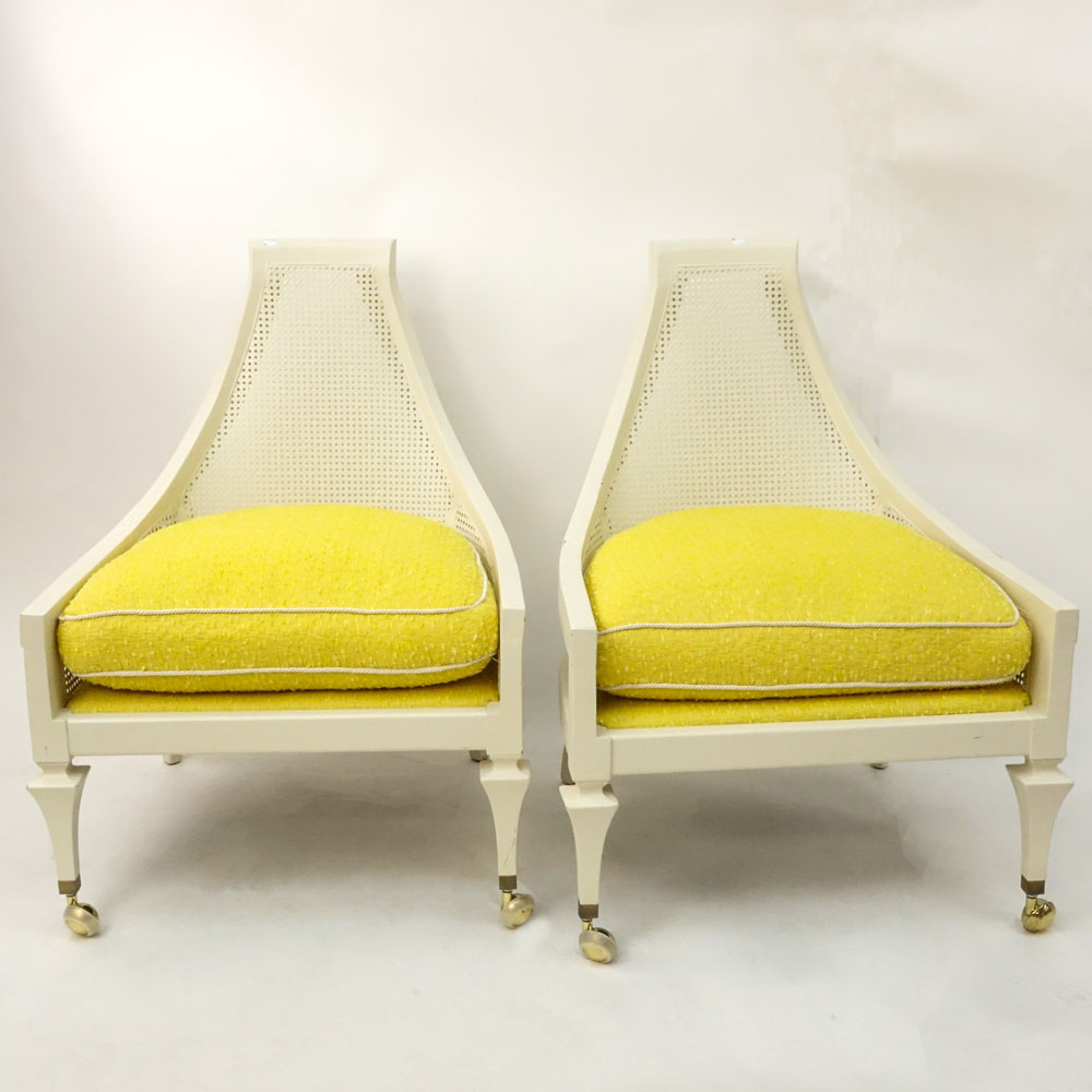 Pair of 20th Century Modern Painted Caned and Upholstered Slipper Chairs.