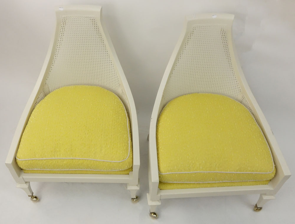 Pair of 20th Century Modern Painted Caned and Upholstered Slipper Chairs.