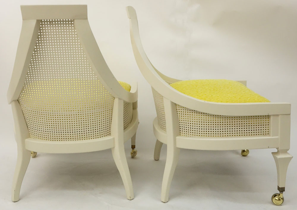 Pair of 20th Century Modern Painted Caned and Upholstered Slipper Chairs.