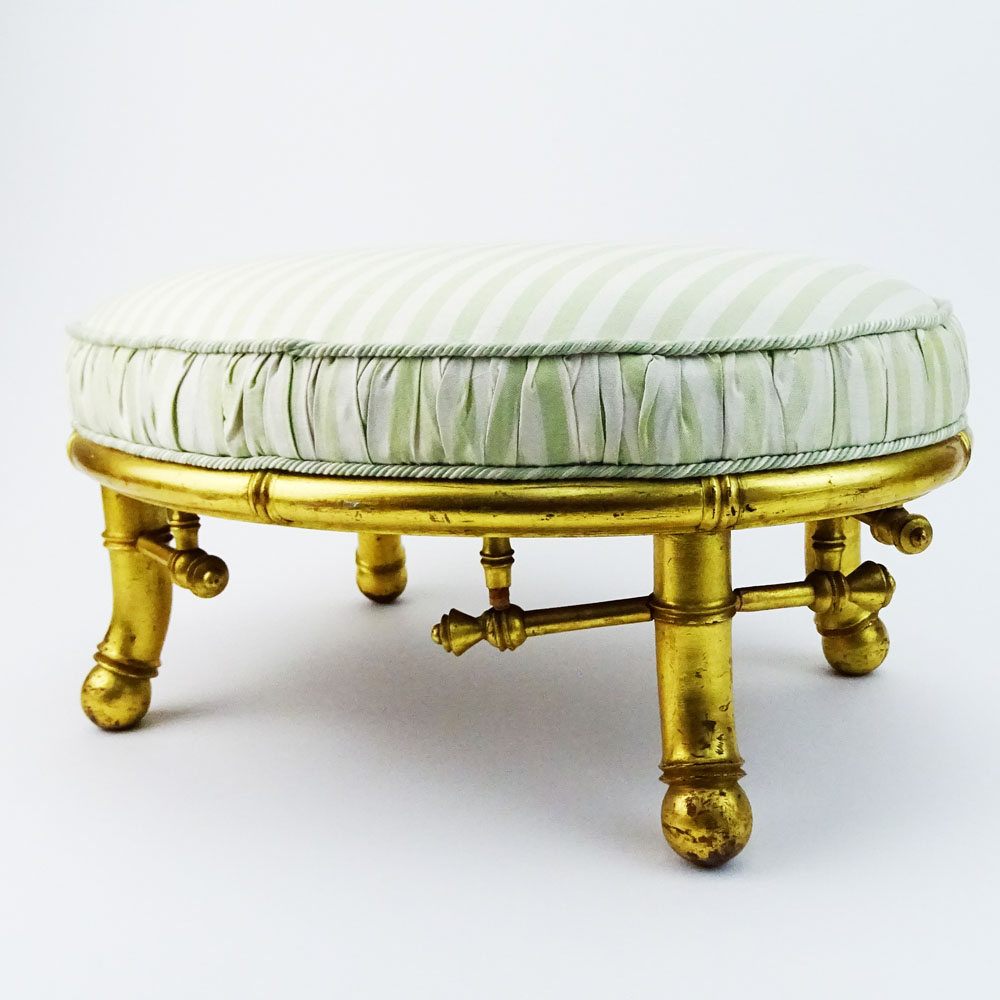 Bancroft & Dyer Furniture Gilt Wood Bamboo Style Upholstered Foot Stool.