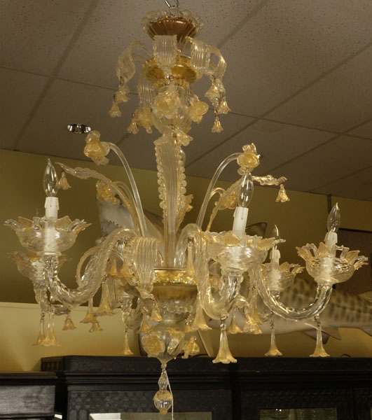 Mid-Century Venetian Glass Six Arm Chandelier.