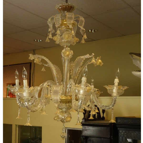 Mid-Century Venetian Glass Six Arm Chandelier.