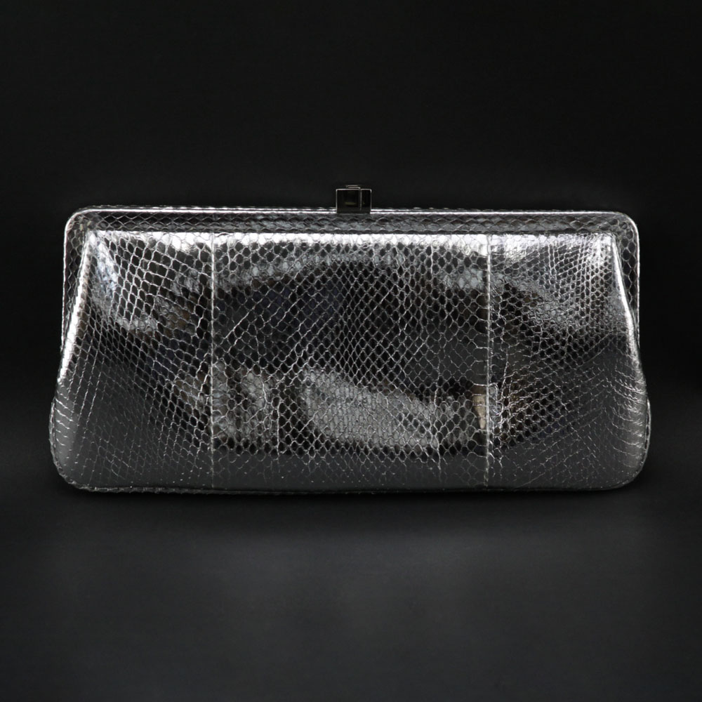 Lambertson Truex Italian Metallic Silver Snakeskin Clutch Purse.