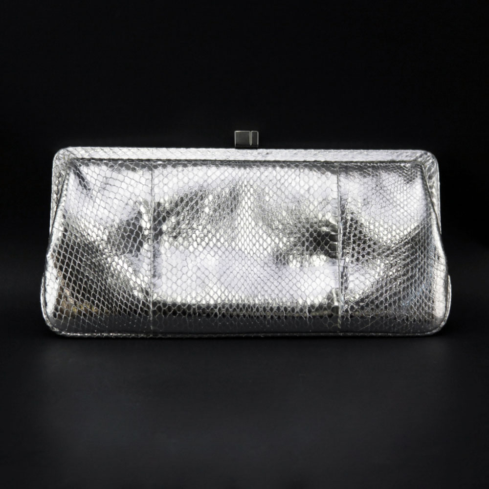 Lambertson Truex Italian Metallic Silver Snakeskin Clutch Purse.