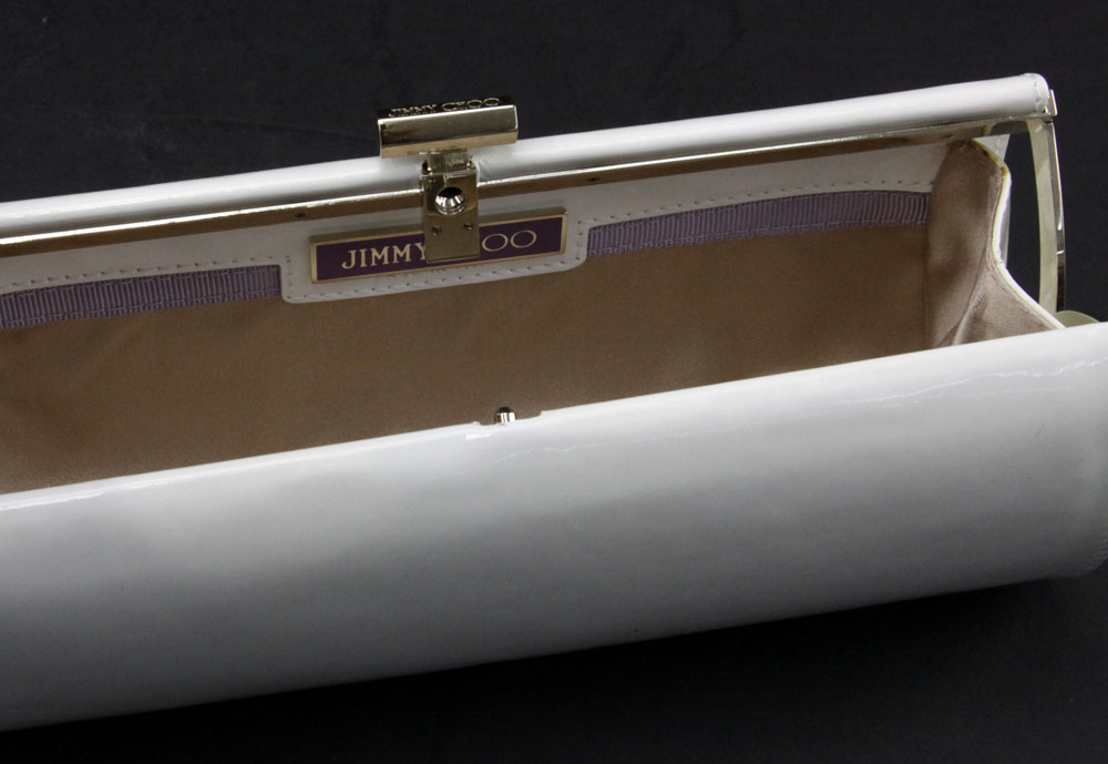 Jimmy Choo Italian Patent Leather Barrel Shaped Clutch Purse.