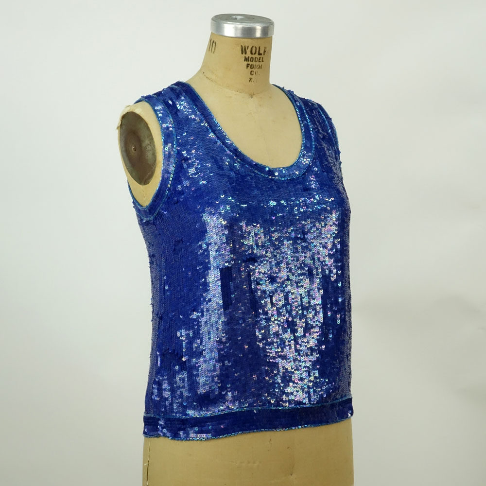 Yves Saint Laurent Rive Gauche Blue Sequin Silk Tank Top