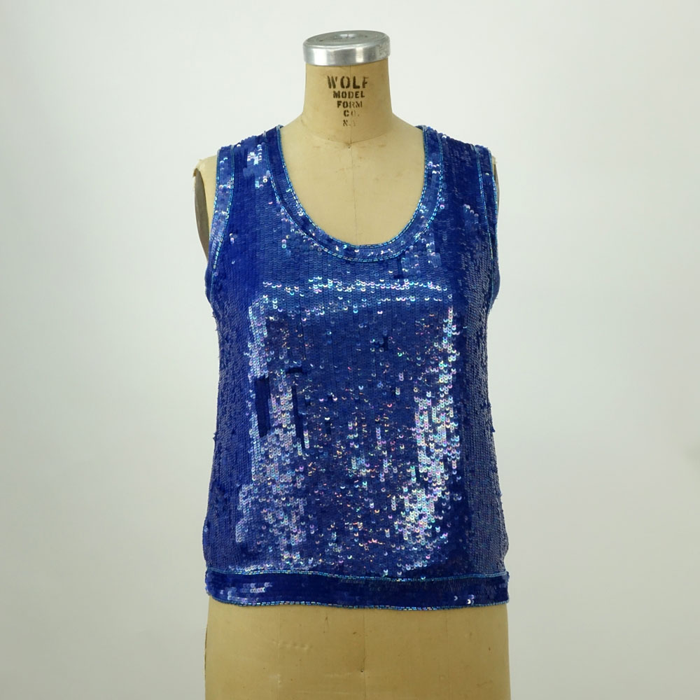 Yves Saint Laurent Rive Gauche Blue Sequin Silk Tank Top