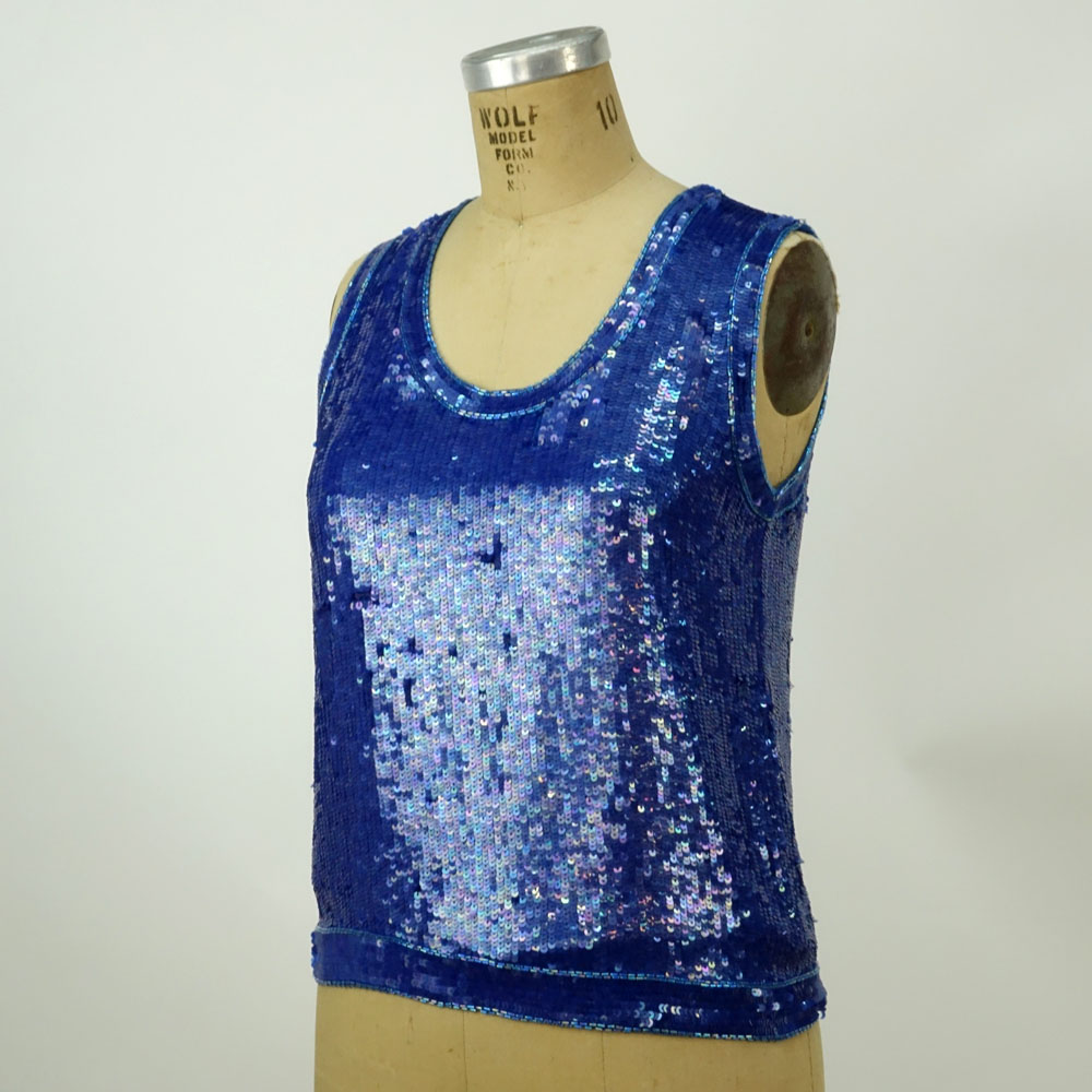 Yves Saint Laurent Rive Gauche Blue Sequin Silk Tank Top