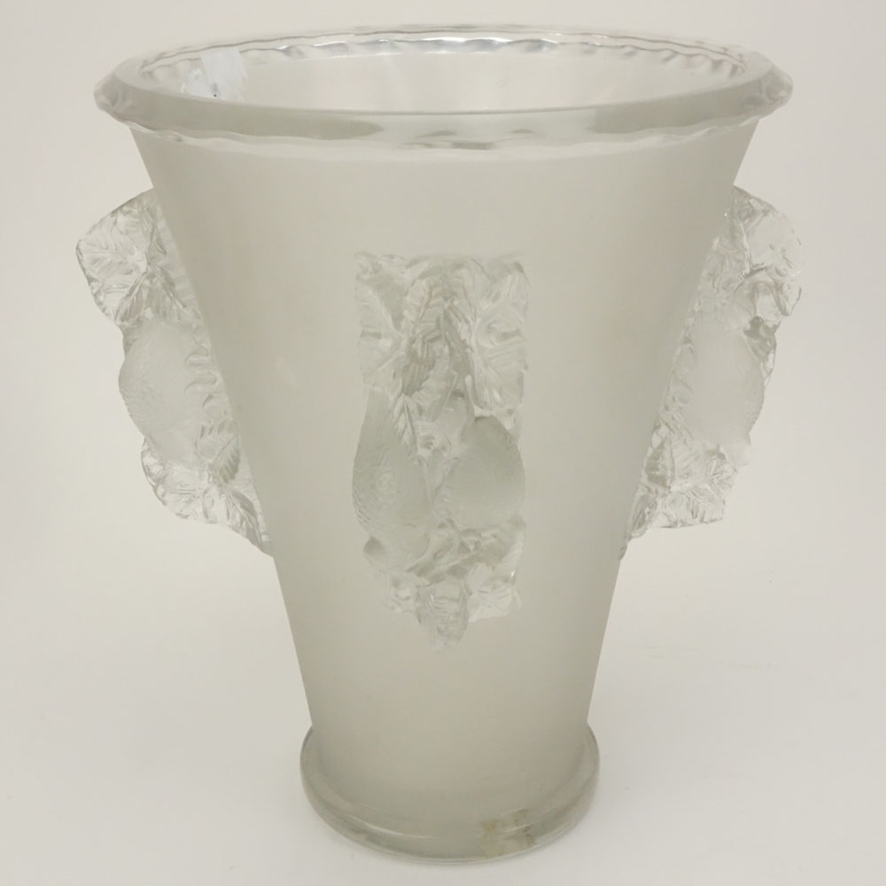 Rene Lalique, France Art Deco Frosted and Clear Glass Vase with Relief Dove and Leaf Handles.