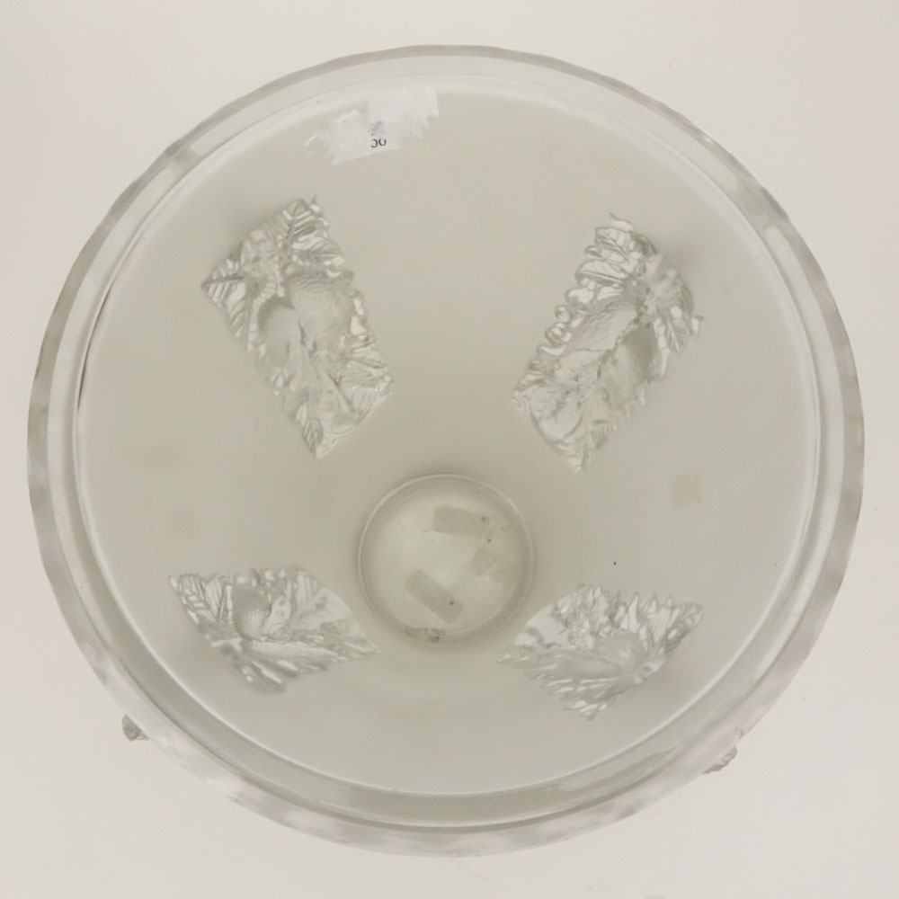 Rene Lalique, France Art Deco Frosted and Clear Glass Vase with Relief Dove and Leaf Handles.