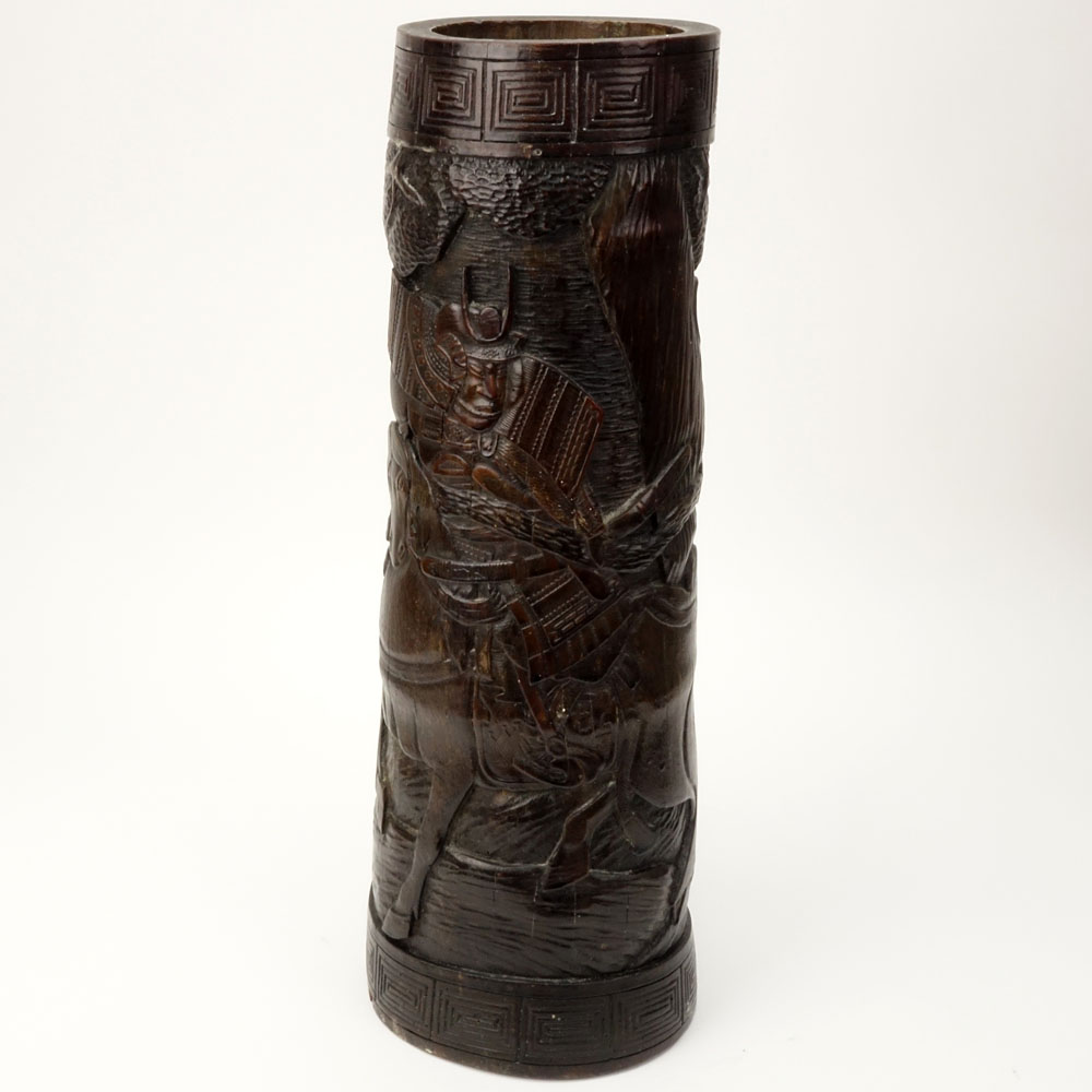 Large Antique Japanese Carved Bamboo Brush Pot with Relief Carved Samurai on Horseback.