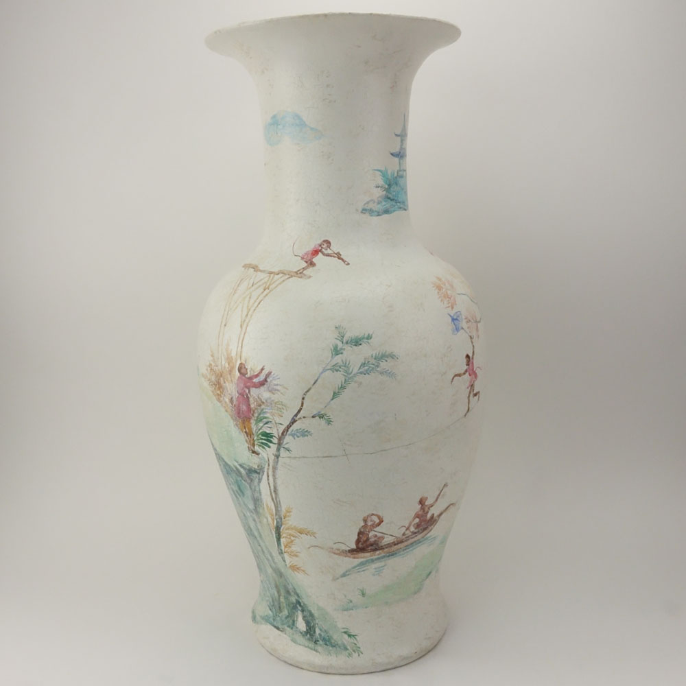 Vintage Chinoserie Hand Painted Baluster Form Pottery Vase.