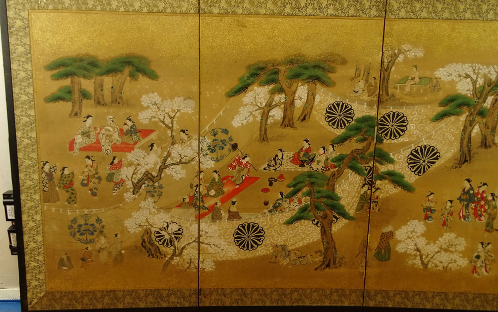 Japanese Meiji Period (1868-1912) Four (4) Panel Folding Screen, Garden Scene with figures