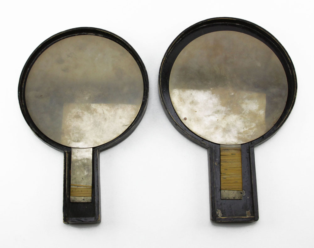 Pair of Antique Japanese Bronze Hand Mirrors in Wooden Box