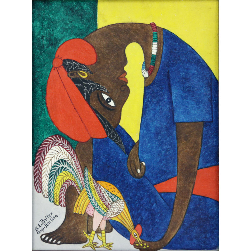 Seymour E. Bottex, Haitian (1922-2016) Cap-Haitien Oil on Canvas, Whimsical Girl Feeding Rooster