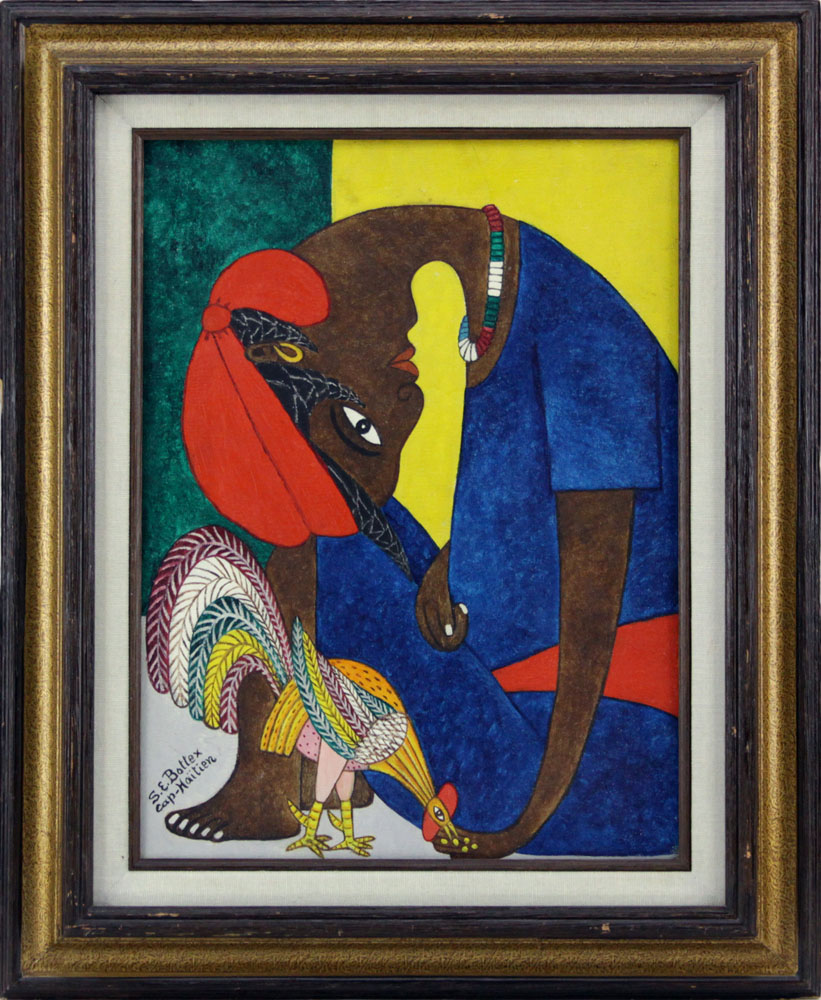 Seymour E. Bottex, Haitian (1922-2016) Cap-Haitien Oil on Canvas, Whimsical Girl Feeding Rooster