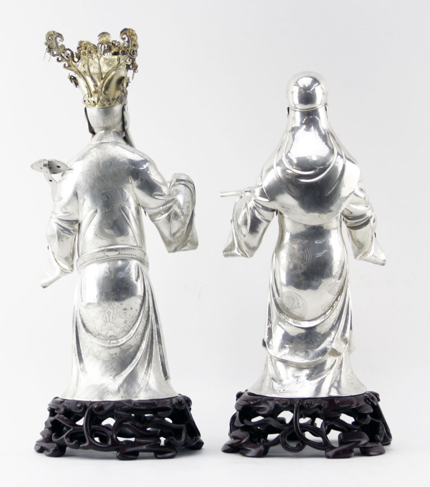 Grouping of Two (2) Old Chinese Export Silver Immortals Mounted on Wooden Bases