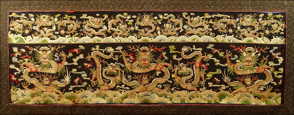 Fine Quality Antique Chinese Silk and 24 Karat Gold Embroidery Panel with Dragon Motif