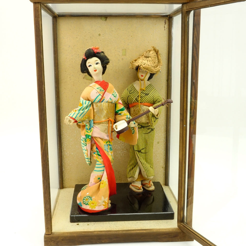 Japanese Kabuki Dolls Group in Glass Display Case