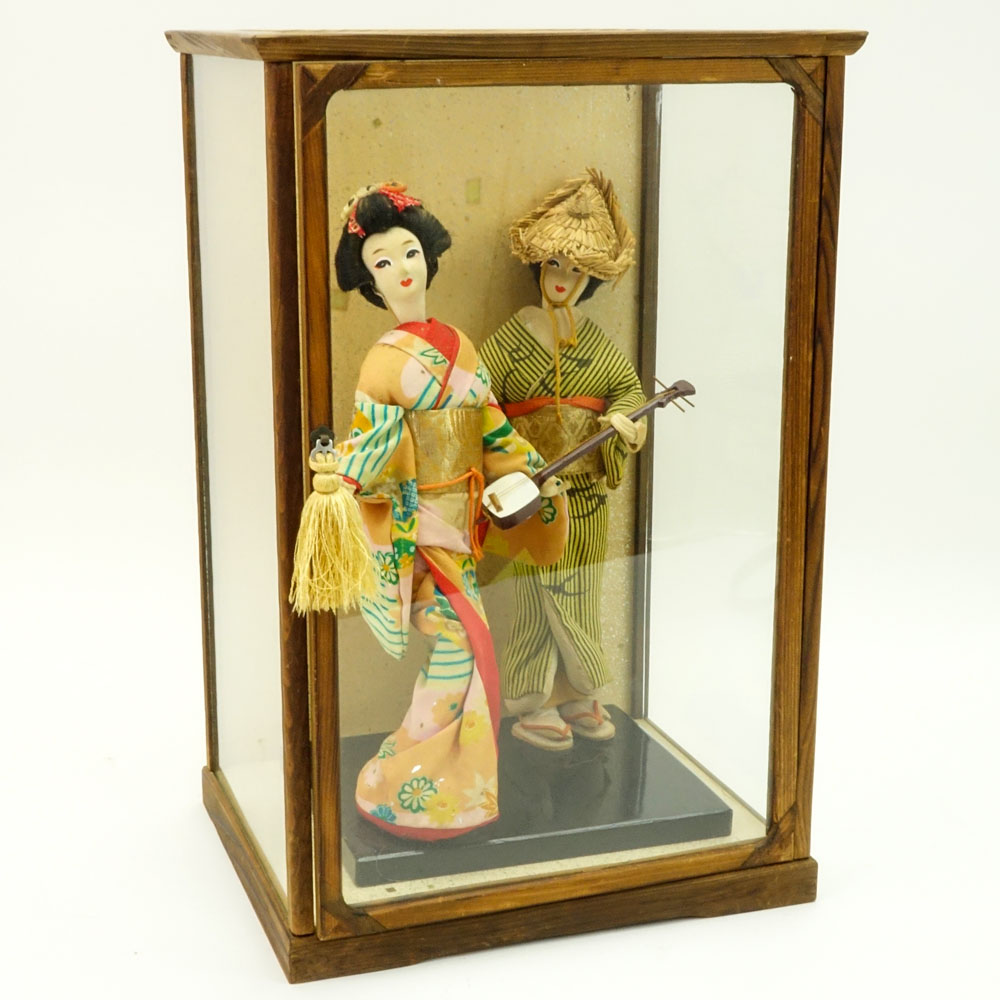 Japanese Kabuki Dolls Group in Glass Display Case