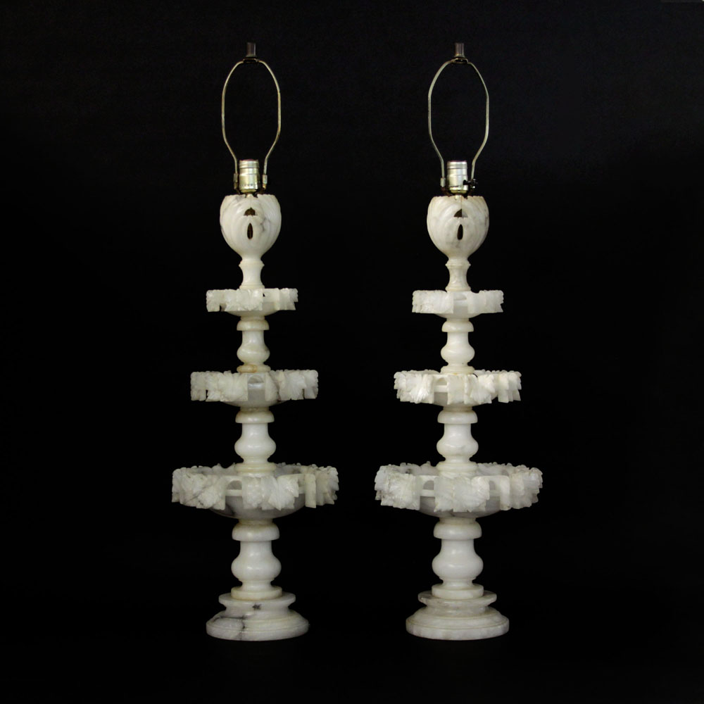 Large Pair of Italian Carved Alabaster Tiered Bulbous Stem Table Lamps