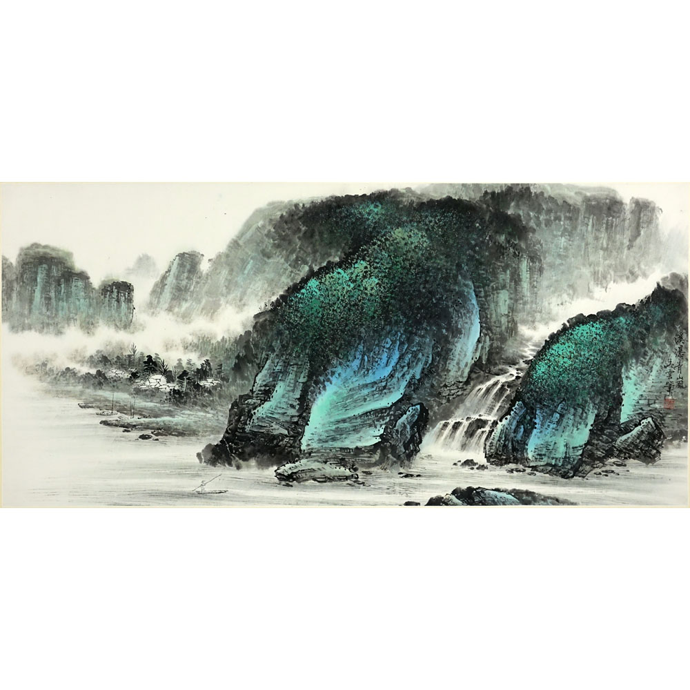 20th Century Chinese Watercolor on Paper. Mountain Landscape with Fisherman