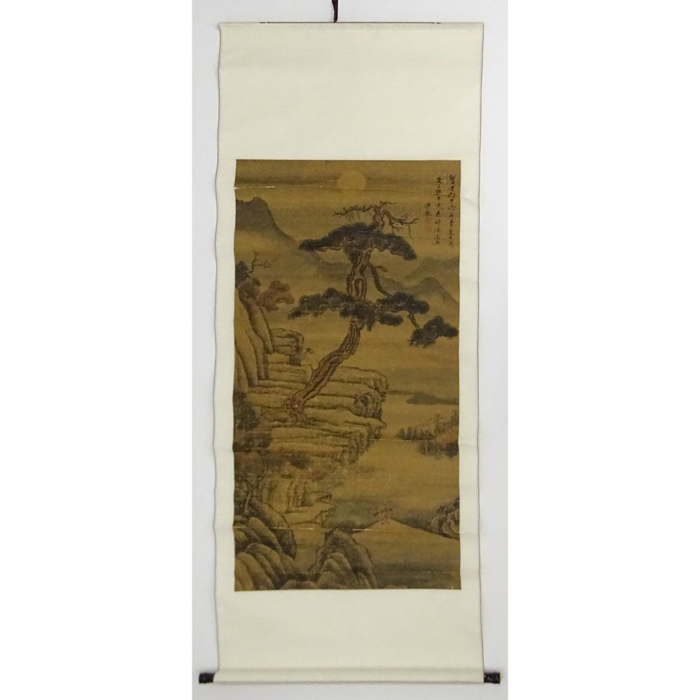 Antique Chinese Hand Painted Scroll on Paper. Landscape With Figure" 