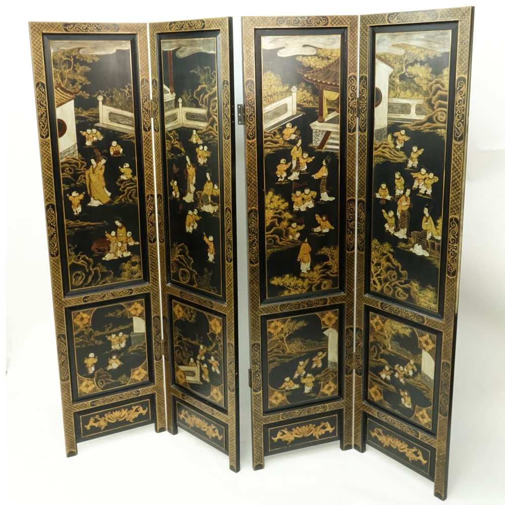 Vintage Chinese Hand Painted 4 Panel Screen