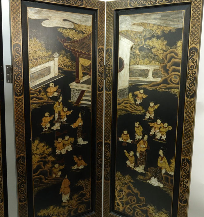 Vintage Chinese Hand Painted 4 Panel Screen