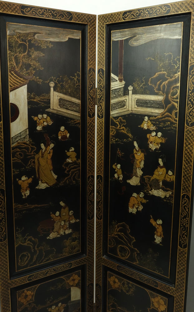 Vintage Chinese Hand Painted 4 Panel Screen