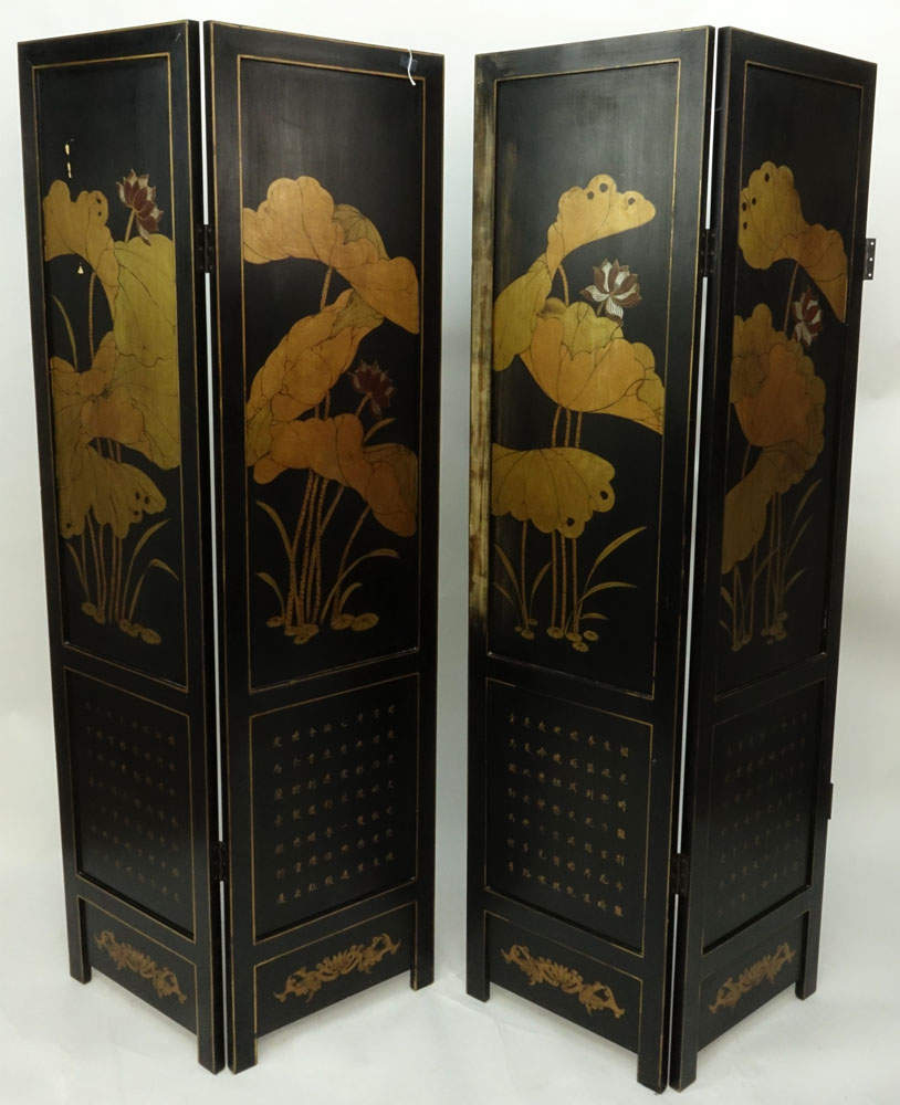 Vintage Chinese Hand Painted 4 Panel Screen