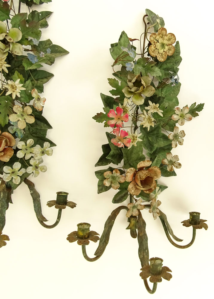 Pair of Vintage Italian Painted Toleware Floral Sconces