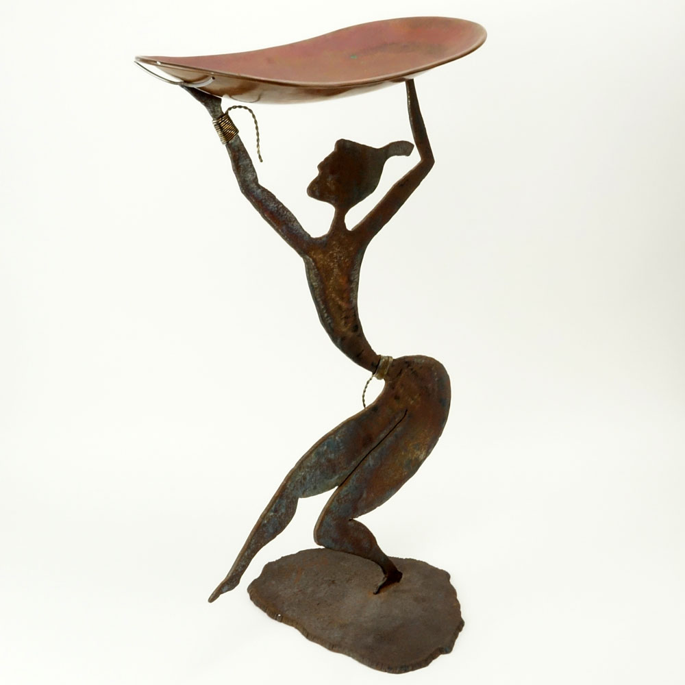 Vintage Signed Iron Sculpture of a Nude Dancer  Holding a Brass Tray.