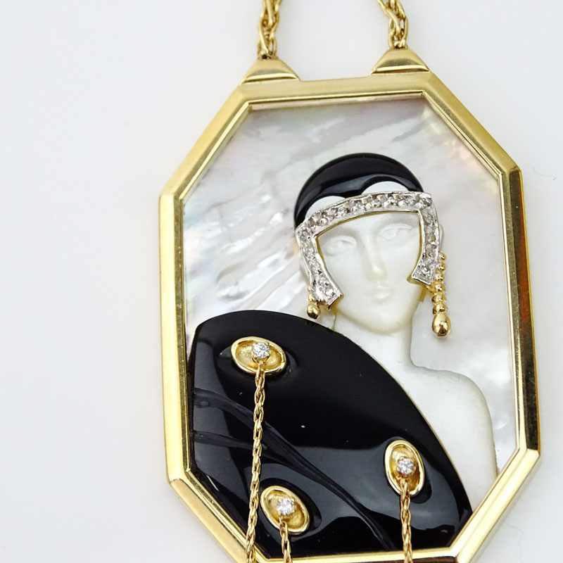 Erte, French (1892-1990) Vintage 14 Karat Yellow Gold, Black Onyx, Mother of Pearl and Diamond "Folies" Pendant Necklace