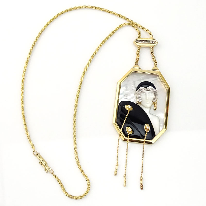 Erte, French (1892-1990) Vintage 14 Karat Yellow Gold, Black Onyx, Mother of Pearl and Diamond "Folies" Pendant Necklace