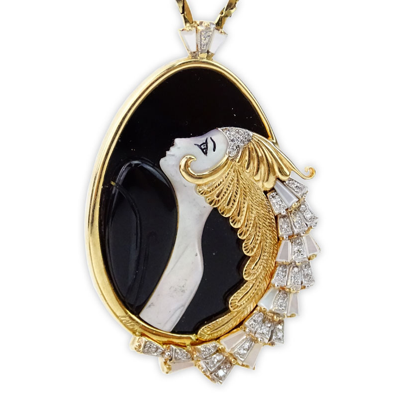 Erte, French (1892-1990) Vintage 14 Karat Yellow Gold, Black Onyx, Mother of Pearl and Diamond "Beauty of the Beast" Pendant Necklace