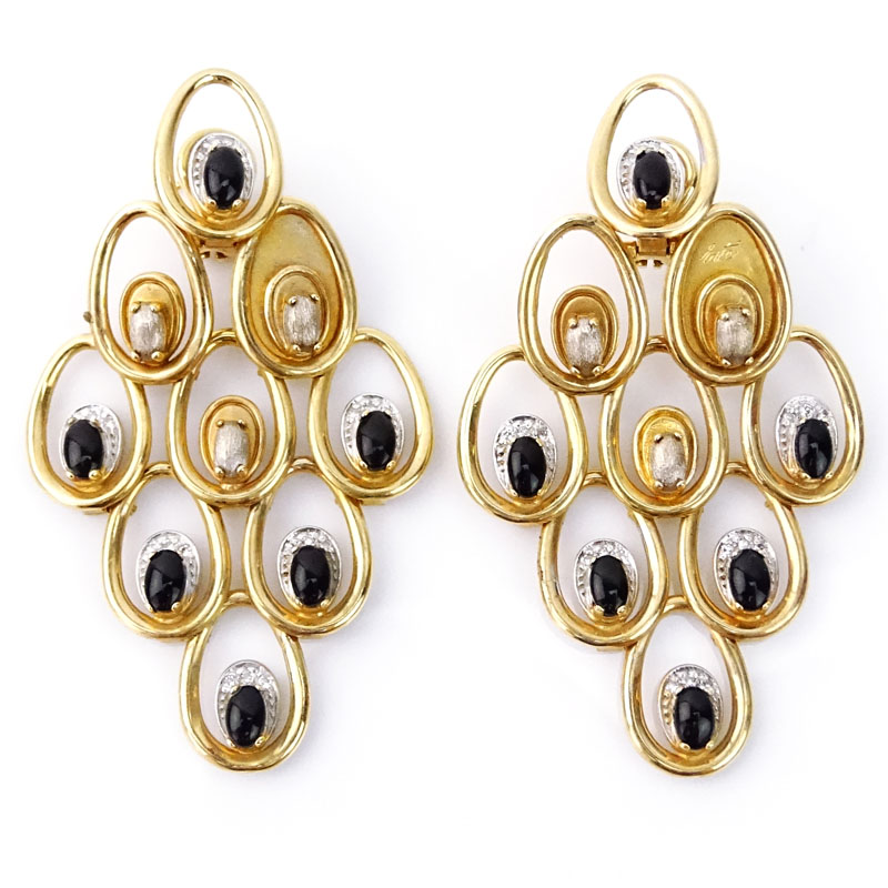 Erte, French (1892-1990) Vintage 14 Karat Yellow Gold, Diamond and Black Onyx "Dream Voyage" Earrings